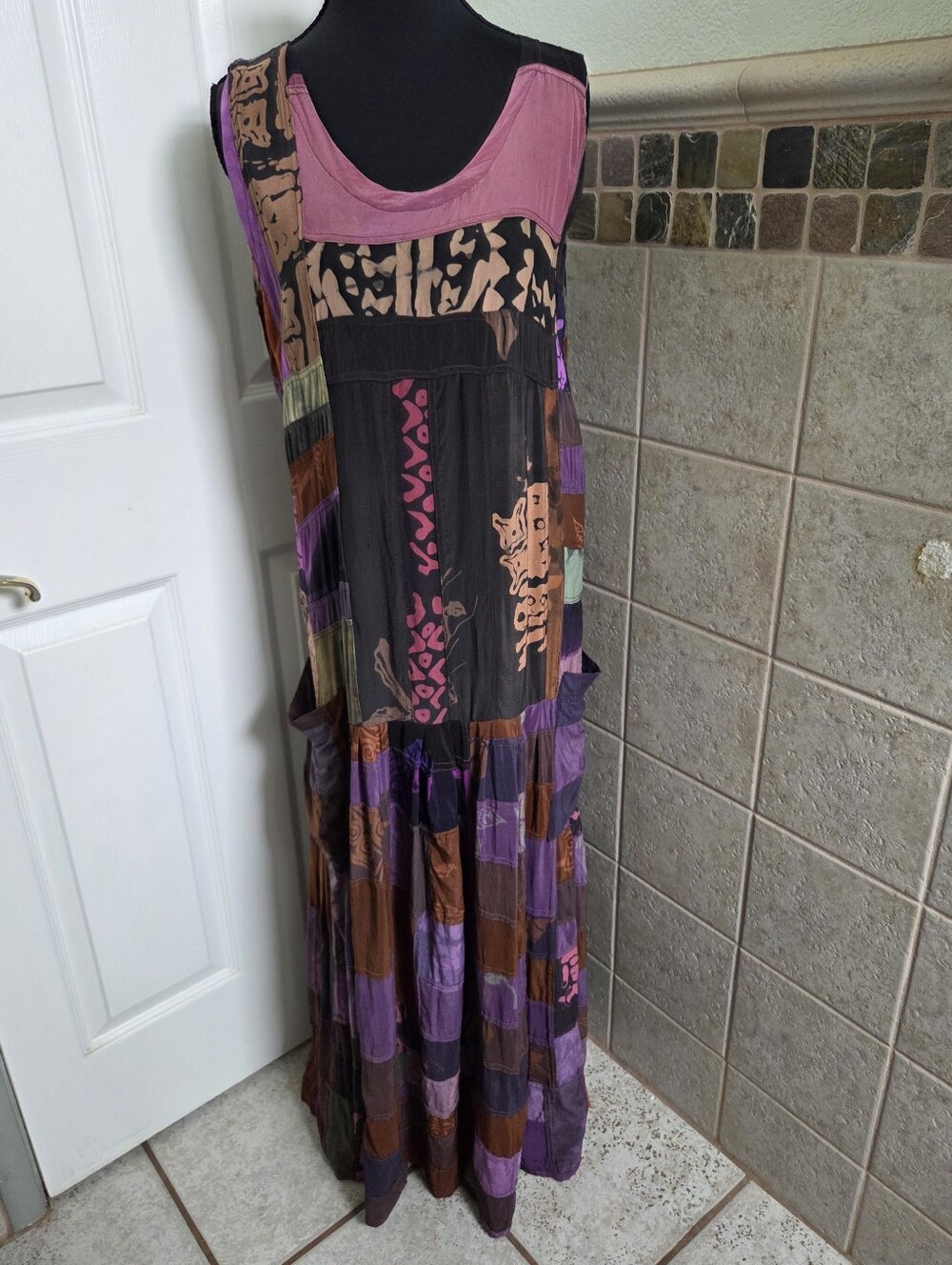 Gae"lle Kusnadi 100% Silk Bohemian Artsy Lagenlook Patchwork Hippie Maxi Dress